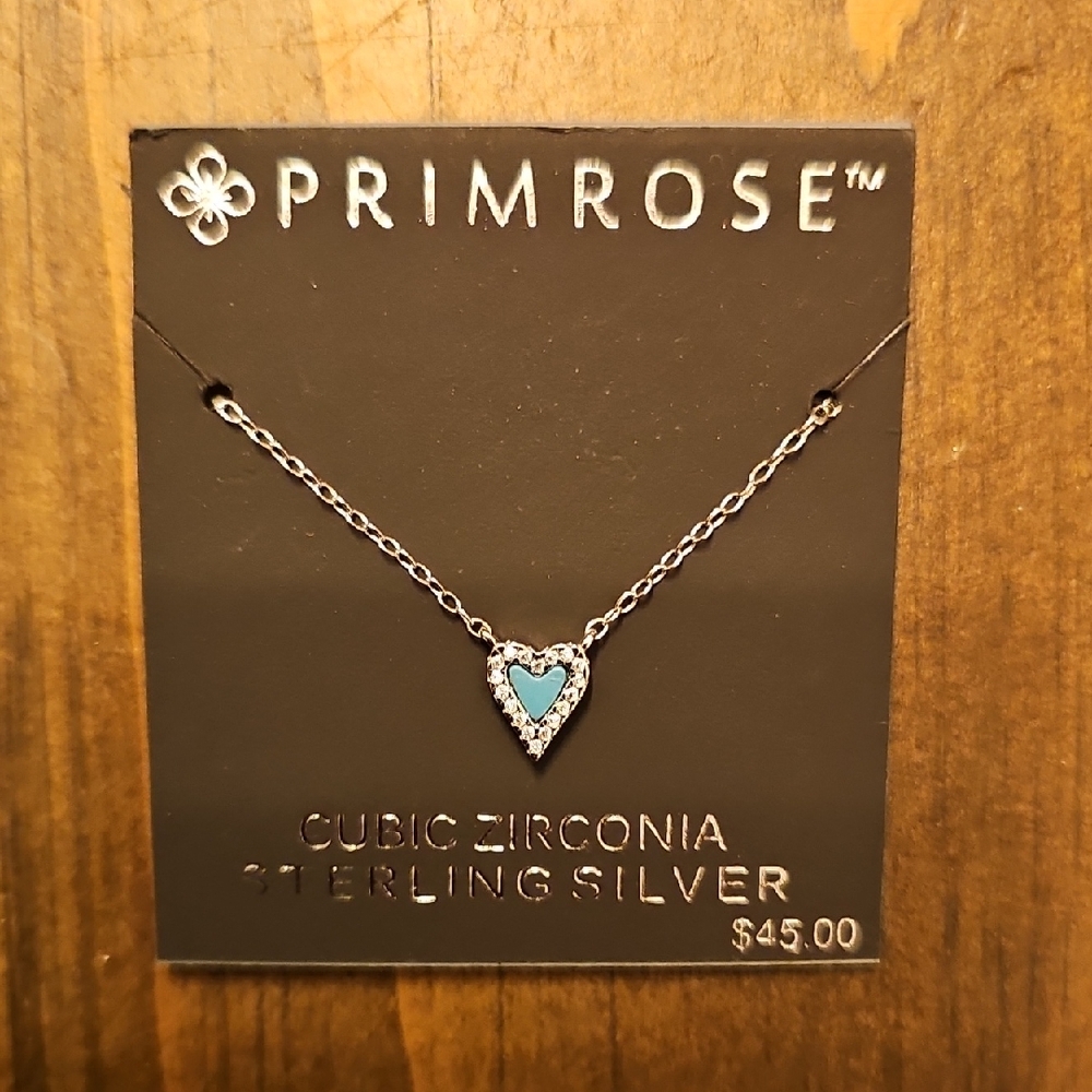 Primrose Sterling Silver And Cubic Zarconia Heart Necklace with Blue Stone